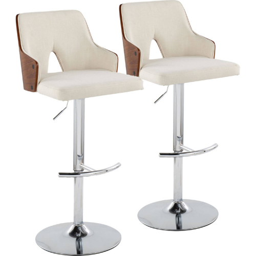 Stella Adjustable Swivel Bar Stool in Chrome, Walnut Wood & Cream Fabric (Set of 2)